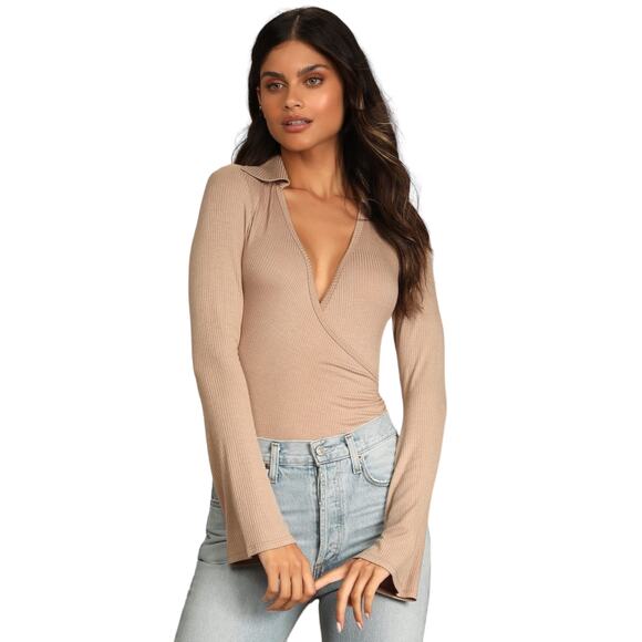 Lulu’s Head to Class Beige Ribbed Collared Long Sleeve Bodysuit - Small - Picture 8 of 16